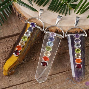 Pendentif en cristal CHAKRA - Améthyste, oeil de tigre, quartz clair - Points de cristal, bijoux faits main, collier chakra pour femme, E1115