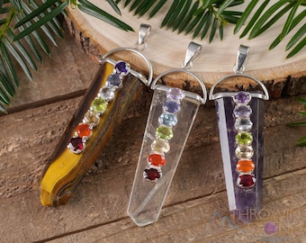 CHAKRA Crystal Pendant - Amethyst, Tigers Eye, Clear Quartz - Crystal Points, Handmade Jewelry, Chakra Necklace for Women, E1115
