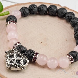 ROSE QUARTZ & LAVA Crystal Bracelet - Heart Locket, Round Beads - Aromatherapy Diffuser, Charm Bracelet, Beaded Bracelet, Jewelry, E0981