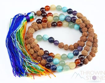 RUDRAKSHA & CHAKRA Crystal Necklace, Mala - Handmade Jewelry, Beaded Necklace, Healing Crystals and Stones, E0979