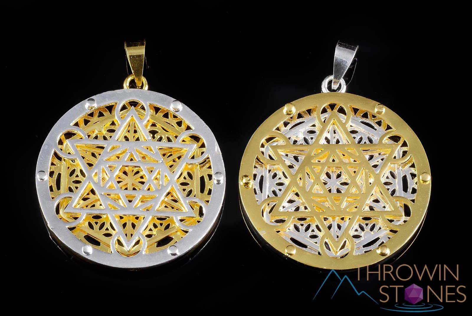 シルバー＆ゴールド フラワーオブライフ マカバペンダント - 神聖幾何