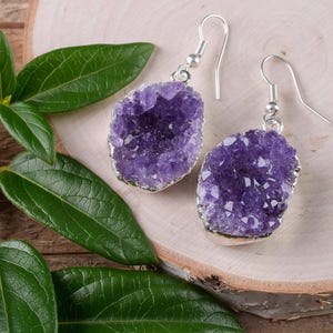 Raw AMETHYST DRUZY Crystal Earrings - Dangle Drop Earrings, Birthstone Gemstone Handmade Jewelry,  E0547