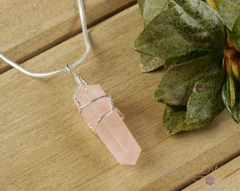 ROSE QUARTZ Crystal Pendant - Wire Wrapped Polished Gemstone Point Necklace, Pink Birthstone Jewelry, E0142