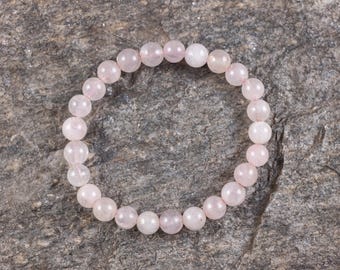 ROSE QUARTZ Crystal Bracelet  :  8mm Light Pink Round Beads, Genuine Birthstone Handmade Jewelry, E2121