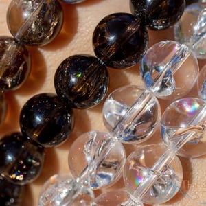 Pulsera de cristal de cuarzo transparente o ahumado con destellos arcoíris - Cuentas redondas - Pulsera de cuentas, joyería hecha a mano, pulsera de cristal curativo, E1935