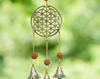 Flower of Life WINDGANG: rudrakshakralen, gouden bellen, binnen en buiten, heilige geometrie, E0494
