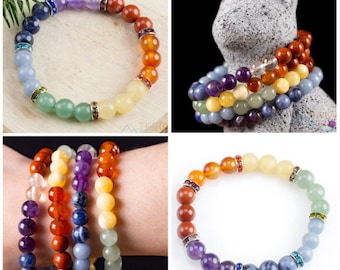 CHAKRA Crystal Bracelet - Round Beads - Beaded Bracelet, Handmade Jewelry, Healing Crystal Bracelet, E1354