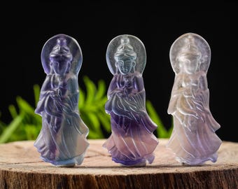 Rainbow FLUORITE Crystal Pendant - Guanyin - Crystal Carving, Handmade Jewelry, Healing Crystals and Stones, E1523