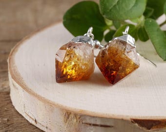 Rohe CITRIN Kristallohrringe: Galvanisierter silberner rauer Edelstein-Punkt baumeln Birthstone Schmuck, E0261
