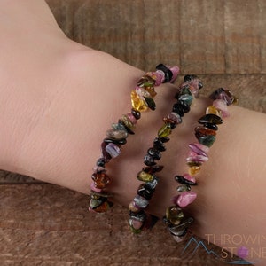 Handcrafted Tourmaline chip bracelet. These rainbow colored tumbled stones are drilled and strung on an elastic cord, to create an endless bracelet. Each crystal bracelet is unique in color, and has a wrist circumference of approximately 6 inches.