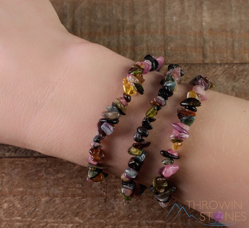 Handcrafted Tourmaline chip bracelet. These rainbow colored tumbled stones are drilled and strung on an elastic cord, to create an endless bracelet. Each crystal bracelet is unique in color, and has a wrist circumference of approximately 6 inches.