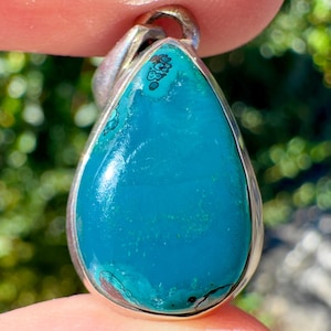 CHRYSOCOLLA Crystal Pendant - Gem Silica, Blue Chalcedony, Sterling Silver, Teardrop - Fine Jewelry, Healing Crystals and Stones, 54178