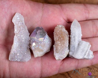 White Angel Aura QUARTZ Crystals  :  x4 Lot Rainbow Spirit Healing Points And Clusters, E2018