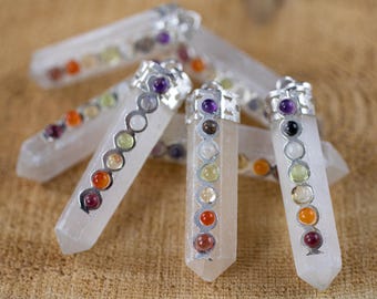 CHAKRA And SELENITE Crystal Point Pendant  :  Stylish Rainbow Gemstone Jewelry,  Natural Stone Gift, E1832