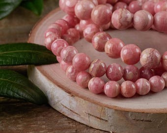 RHODOCHROSITE Crystal Bracelet  :  Natural Pink And White Patterned 3-13mm Round Bead Handmade Jewelry, E0640