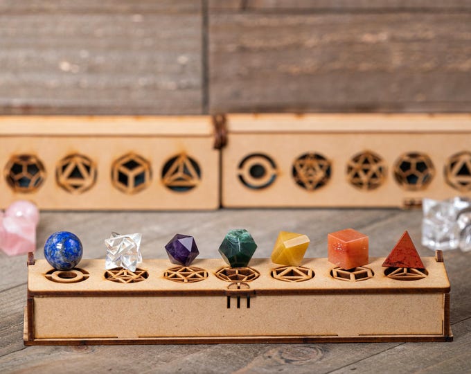 PLATONIC SOLID Set Carved Shapes  :  Chakra, Rose, Quartz Crystals, Grid Board Wooden Box, E1760