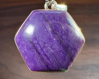 AA SUGILITE Crystal Pendant  :  Sterling Silver, Hexagon Cabochon Fine Purple Healing Stone Jewelry, 54795