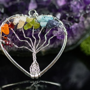 Tree of Life Pendant, CHAKRA Crystal Pendant - Heart - Tree of Life Chakra Necklace, Wire Wrapped Jewelry,  E0909