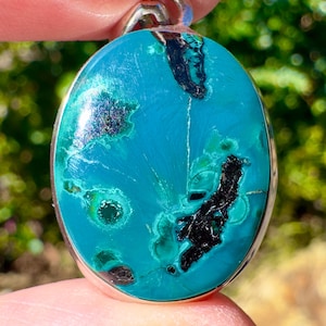 CHRYSOCOLLA Crystal Pendant - Gem Silica, Blue Chalcedony, Sterling Silver, Oval - Fine Jewelry, Healing Crystals and Stones, 54197