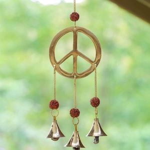 Peace Sign WIND CHIMES :  Rudraksha Beads, Gold Brass Bells, Indoor Outdoor, Home Decor, E1103
