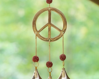 Peace Sign WIND CHIMES :  Rudraksha Beads, Gold Brass Bells, Indoor Outdoor, Home Decor, E1103