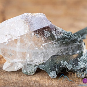 Puede incluir: Un cristal de cuarzo transparente con una inclusión mineral verde y negra. El cristal es afilado y tiene una punta puntiaguda. El cristal está sentado sobre una superficie de madera.