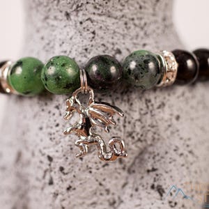 RUBY ZOISITE And Garnet Crystal Bracelet  :  8mm Round Bead Dragon Charm Handmade Jewelry, E1976