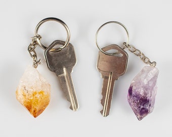 Raw AMETHYST CITRINE Crystal Keychain - Metaphysical, Raw Rocks and Minerals, Birthstone, Gift, E2052