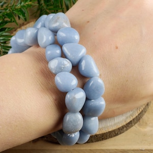 ANGELITE Crystal Bracelet  :  Natural Blue Tumbled Stone Bead Handmade Elastic Jewelry, E1348