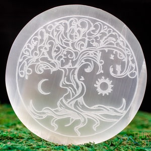 SELENITE Charging Plate - White Circle, Tree of Life, Sun and Moon - Selenite Plate, Crystal Charging Plate, Crystal Tray,  E1893