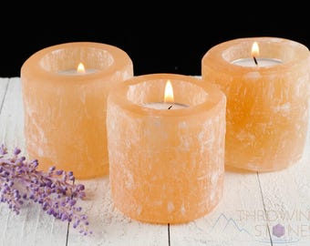 SELENITE Kerzenhalter: Rohe orange Kristall-Teelichtlaterne, Naturstein-Votivturm, E1099
