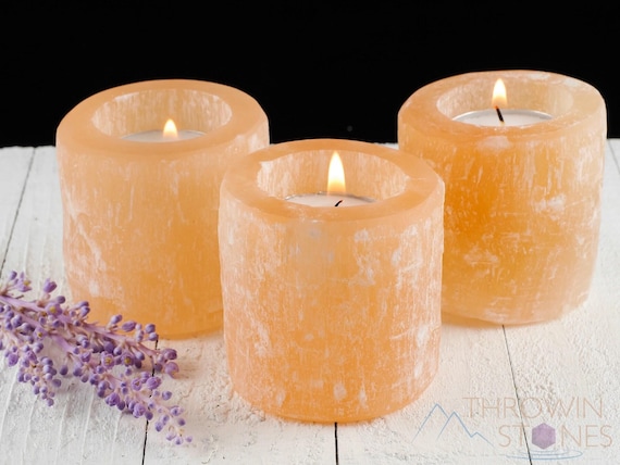 SELENITE Candle Holder  :  Raw Orange Crystal Tea Light Lantern, Natural Stone Votive Tower, E1099
