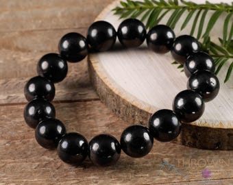 SHUNGITE Crystal Bracelet  :  6-12mm Round Beads, Natural Healing Crystal Jewelry, Unique Black Gift, E0495