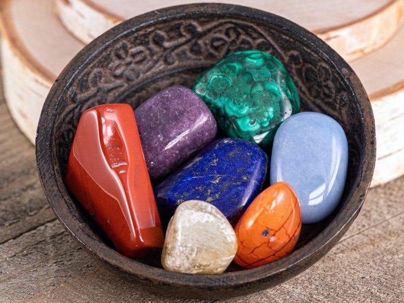 7 CHAKRA Tumbled Crystal Set : Natural Rainbow Healing Pouch Yoga Stones, E0047 image 2