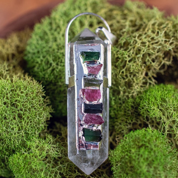 WATERMELON TOURMALINE & Clear QUARTZ Crystal Pendant - Crystal Points, Handmade Jewelry, Healing Crystals and Stones, E2054