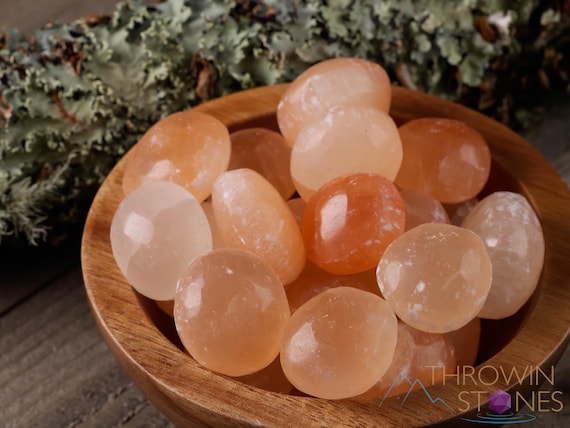 SELENITE Crystal Pebbles  :  Two Tumbled Orange Natural Healing Stones, Polished Peach Pocket Rocks, E0148