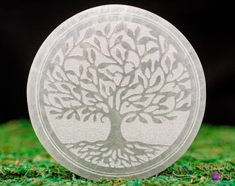 SELENITE Crystal Charging Plate  :  White Satin Spar Engraved Tree of Life Stone Disc,  E1898