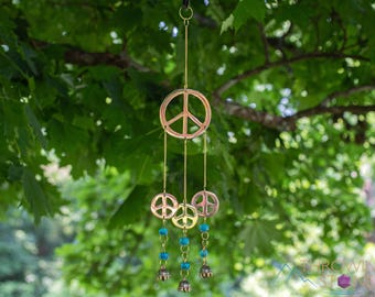 WIND CHIMES Gold Peace Sign :  Blue Glass Beads, Bells, Outdoors Indoors, Home Decor, E1884