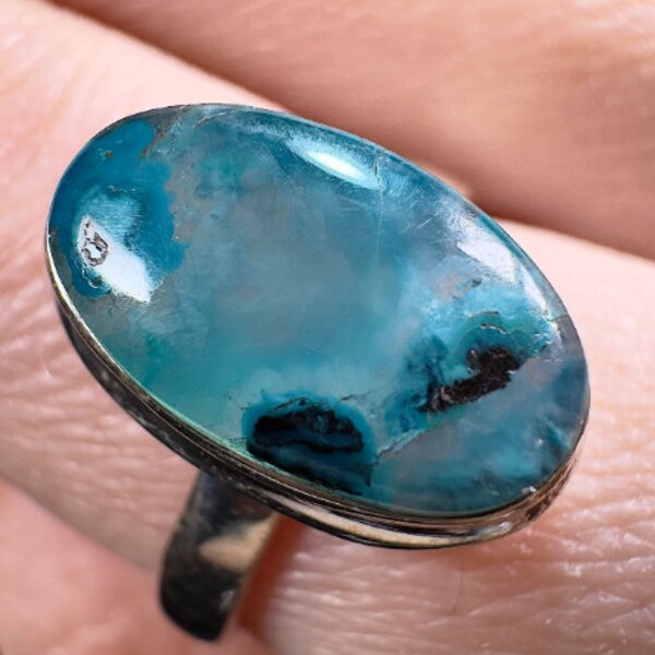 CHRYSOCOLLA Crystal Ring - Size 6.5, Gem Silica, Blue Chalcedony, Sterling Silver, Oval - Gemstone Ring, Fine Jewelry, 54025