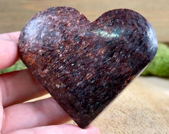 GARNET + MICA Heart Carving - Polished Crystal Decor, Genuine Rocks, Minerals, Stone Collections, 57033