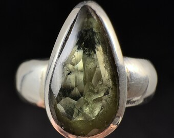 MOLDAVITE Ring - Size 8, Sterling Silver Ring, Faceted Teardrop - Genuine Moldavite Ring, Moldavite Jewelry with Certification, 53523