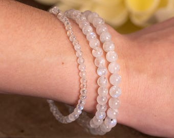 Pulseira de cristal Rainbow MOONSTONE: Joia artesanal com contas redondas naturais chamativas de 4-13 mm, E1739