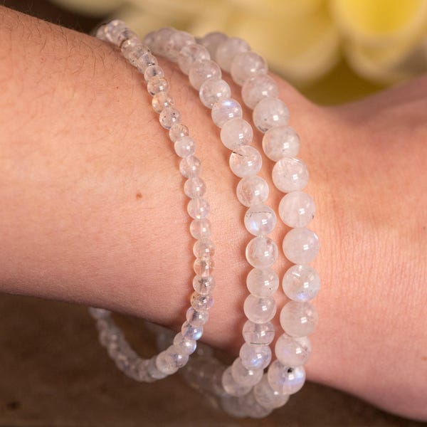 Pulsera de cristal de piedra lunar arcoíris: llamativas cuentas redondas naturales de 4-13 mm, joyería artesanal, E1739