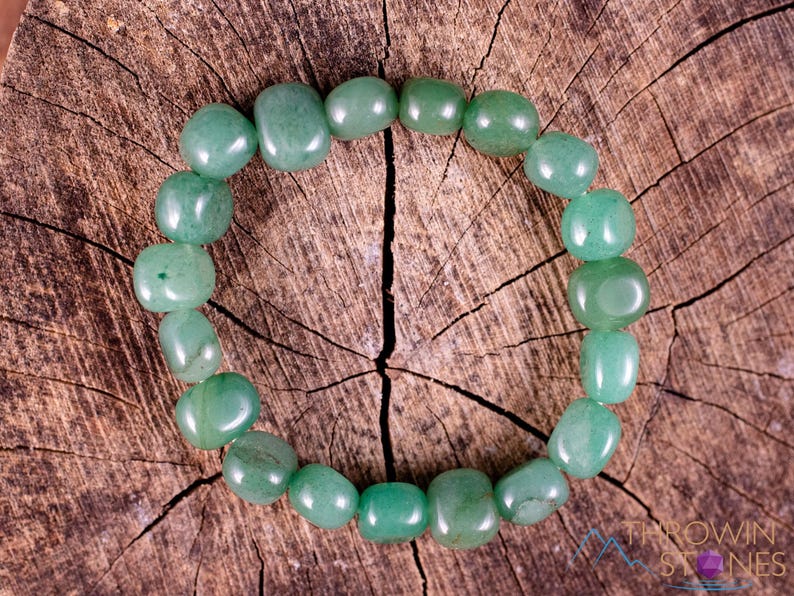 These pale Green Aventurine crystal bracelets have tumbled beads strung on elastic for an endless bracelet.  
Crystals are nature-made therefore each one is unique in appearance.
