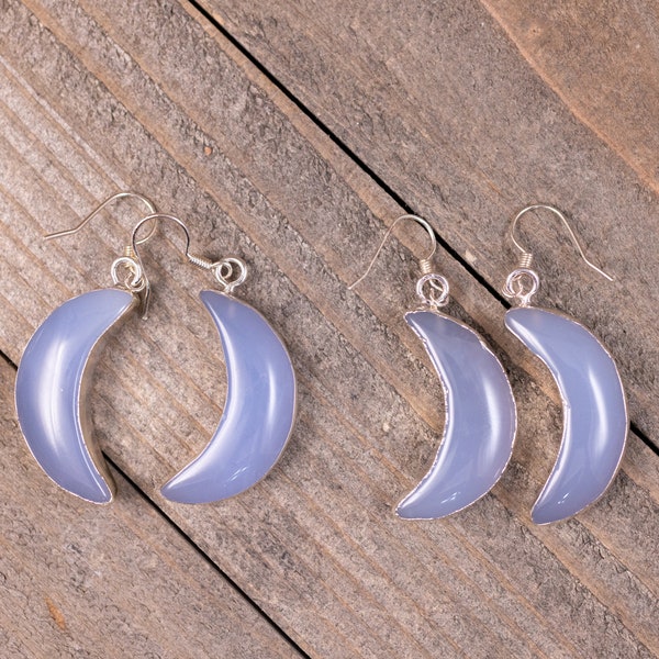 Blue CHALCEDONY Crystal Crescent Moon Earrings - Dangle Earrings, Handmade Jewelry, Crystal Drop Earrings, E2096