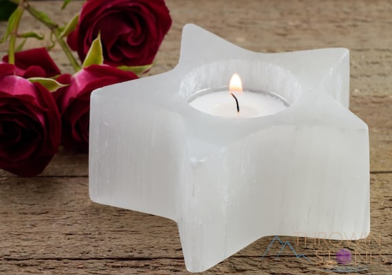 SELENITE Candle Holder  :  White Crystal Star Carving, Natural Stone Tea Light Cup, E1226
