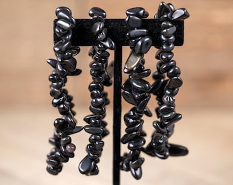 Rainbow OBSIDIAN Crystal Bracelet  :  Natural Black Stone Chip Bead Handmade Stretchy Goth Jewelry, E1770