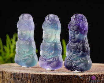 Rainbow FLUORITE Crystal Pendant - Buddha - Crystal Carving, Handmade Jewelry, Healing Crystals and Stones,  E1526
