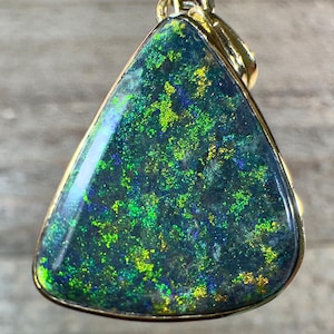 Black OPAL Pendant - 14Kt Gold - Birthstone Jewelry, Opal Cabochon Necklace, Australian Opal, 54885