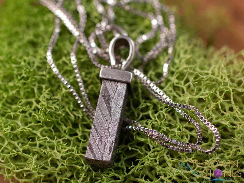 May include: A silver-colored pendant necklace featuring a rectangular, textured pendant suspended from a delicate chain. The pendant has a unique pattern and is displayed against a backdrop of green moss. The necklace is a piece of jewelry.
